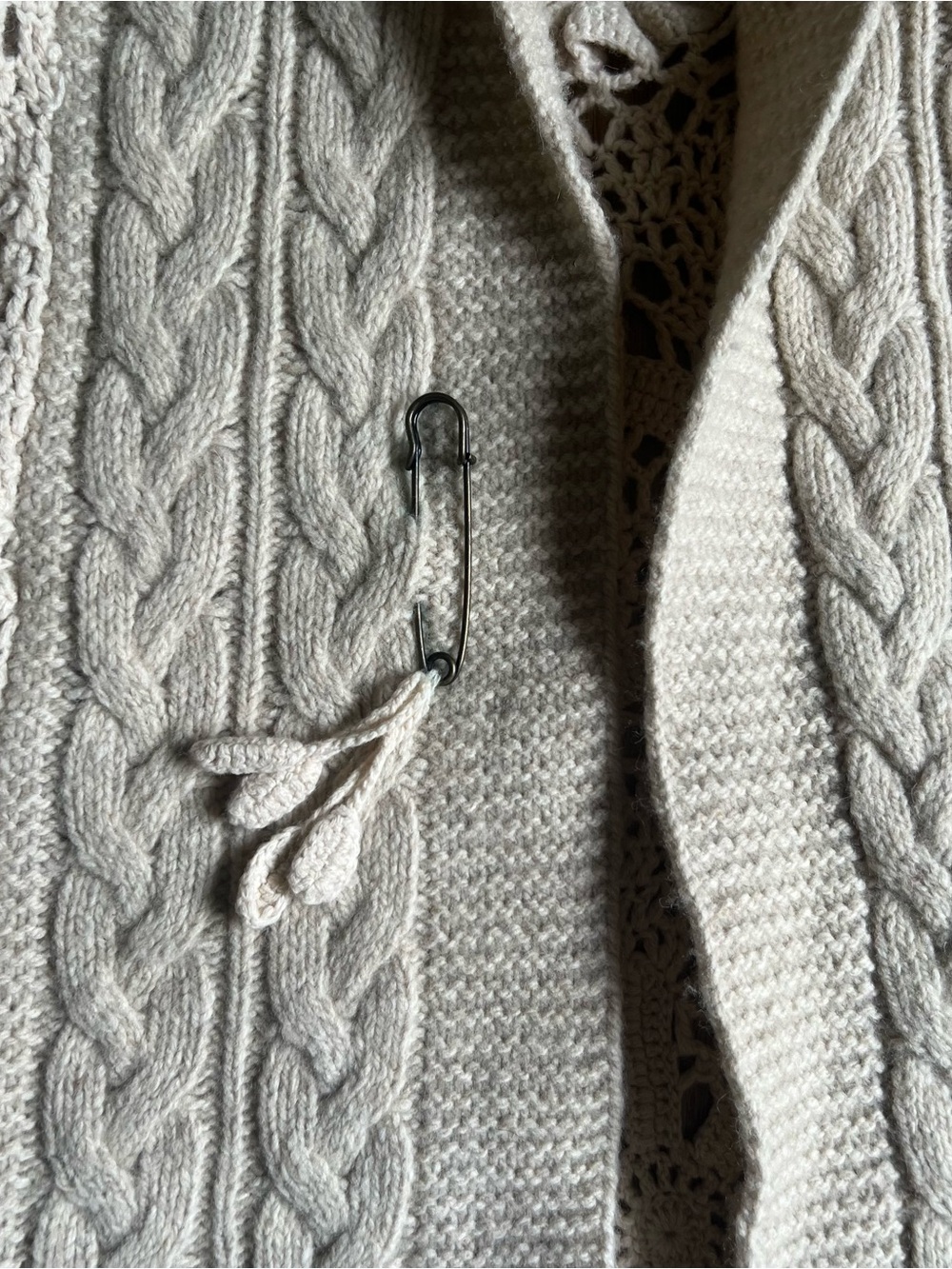 Anthropologie-Angel of the North Cream Openwork Cable Knit Shawl Collar Sweater - Picture 8 of 11